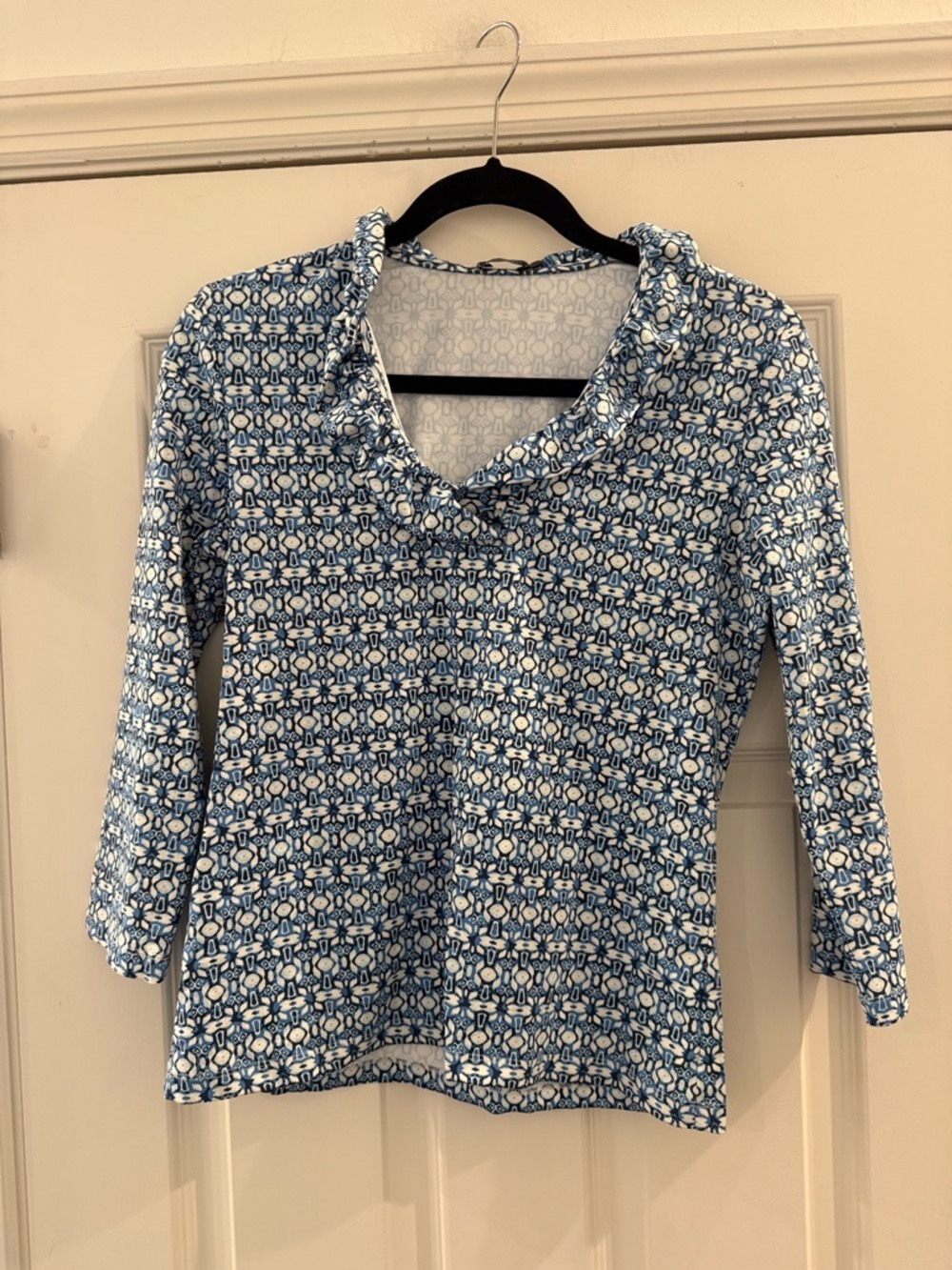 J Mclaughlin Durham Top Small $168 Catalina Ruffle 3/4 Sleeve Blue Geometric